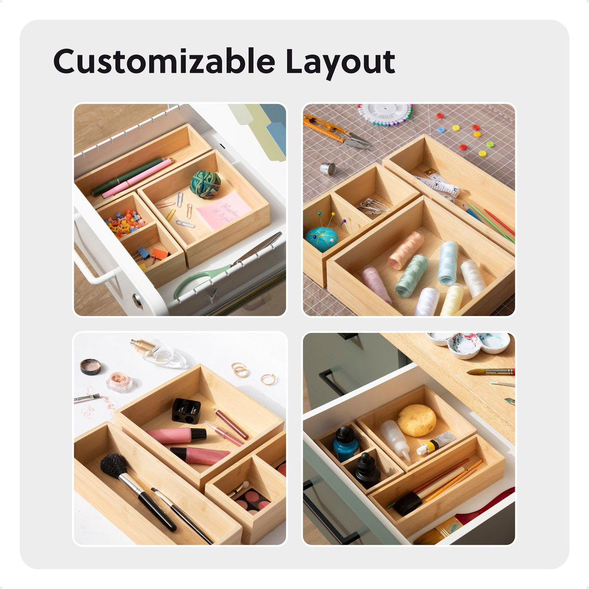 Drawer Organizer, 9x9x2 in., Bamboo, Great Storage Solution for Drawers, 4 Compartments - Image 3