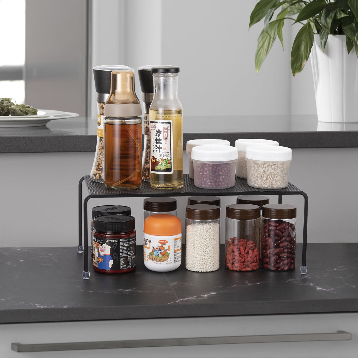 Set of 4 Metal Kitchen Countertop Shelf Riser Organizer for Cabinets, Fridge, and Pantries - Black - Image 6